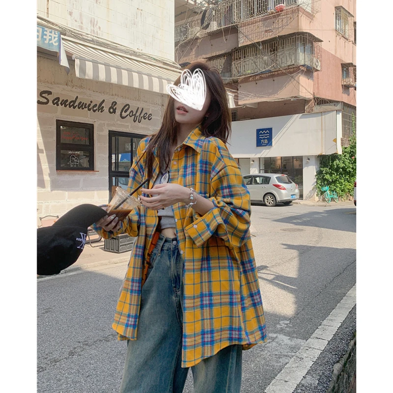 春秋黄色格子长袖衬衫韩系休闲风宽松薄款美式复古时尚潮牌外套女