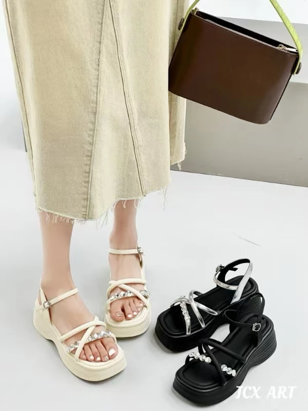 平底时装凉鞋露趾凉鞋仙女风中跟休闲罗马鞋露趾厚底百搭时尚网红