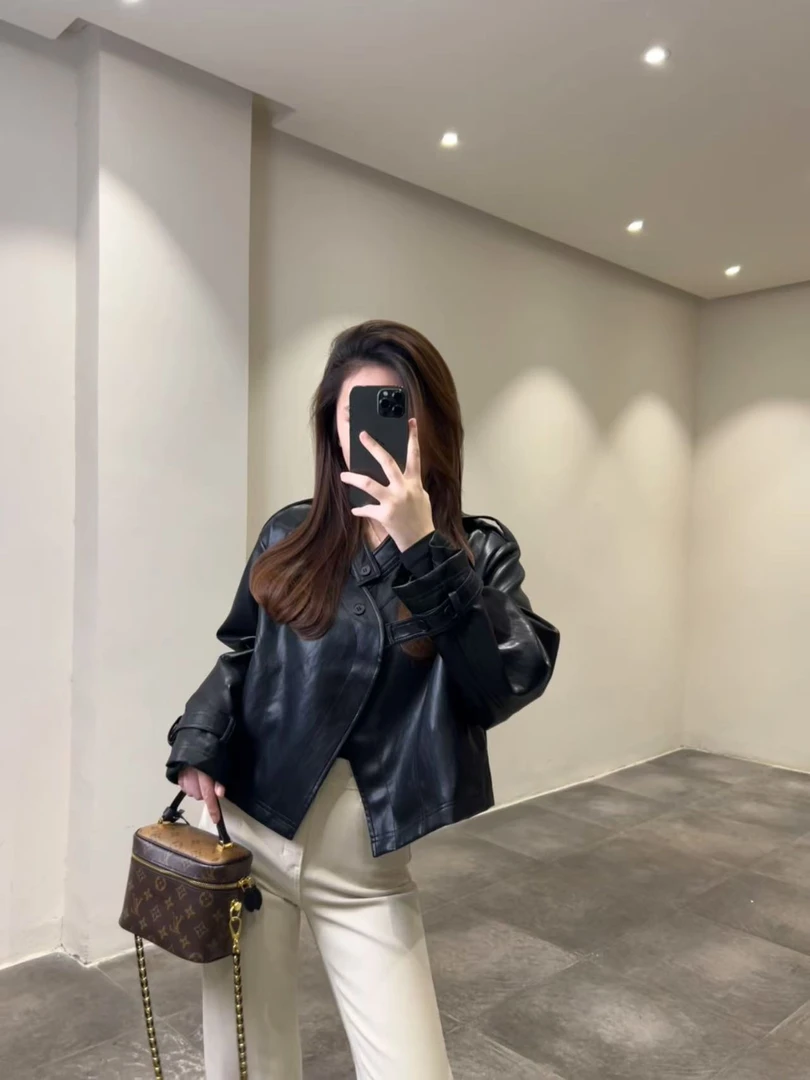设计师款 小立领时髦pu皮衣外套
