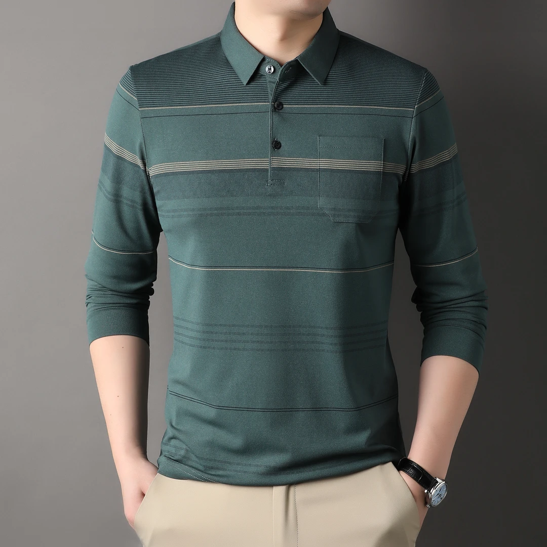 Mexican/稻草人男装长袖翻领中老年条纹长袖polo衫长袖polo衫男