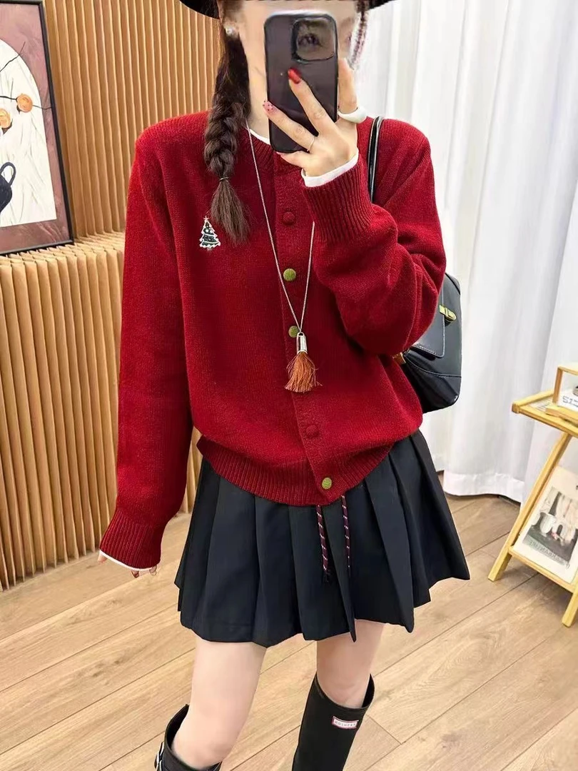 266番外韩系圆领圣诞树刺绣针织开衫女秋冬软糯百搭休闲毛衣