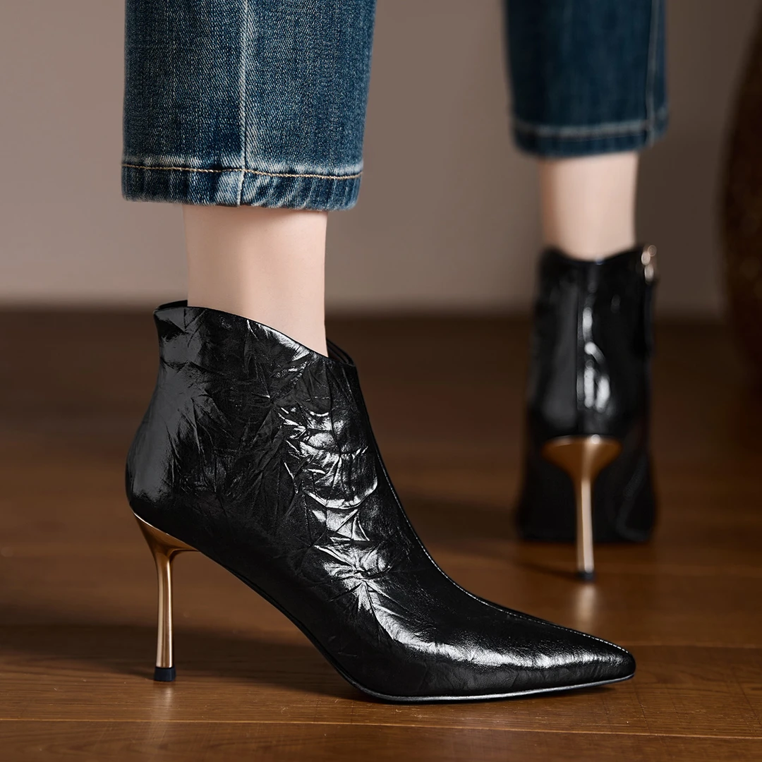 8cm细跟尖头短靴法式高跟切尔西靴侧拉链时装靴真皮女靴子牛皮