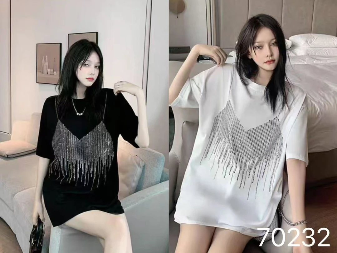 70232-C-大码简约纯色假两件甜美百搭烫钻大码加长盖臀衫