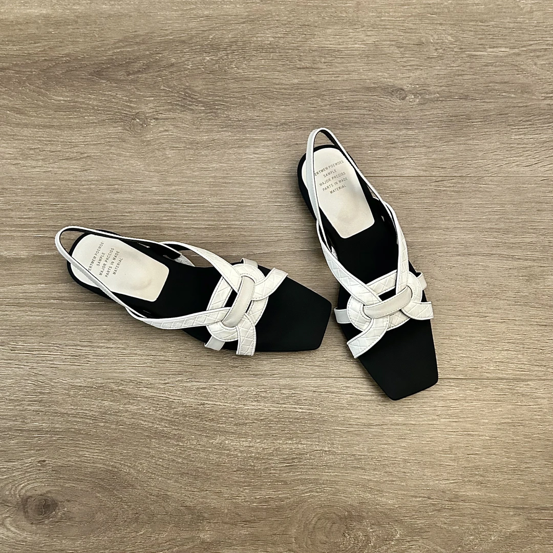 Dannyfrey法式方头低帮露趾夏季时装女士休闲低跟交叉黑白凉鞋