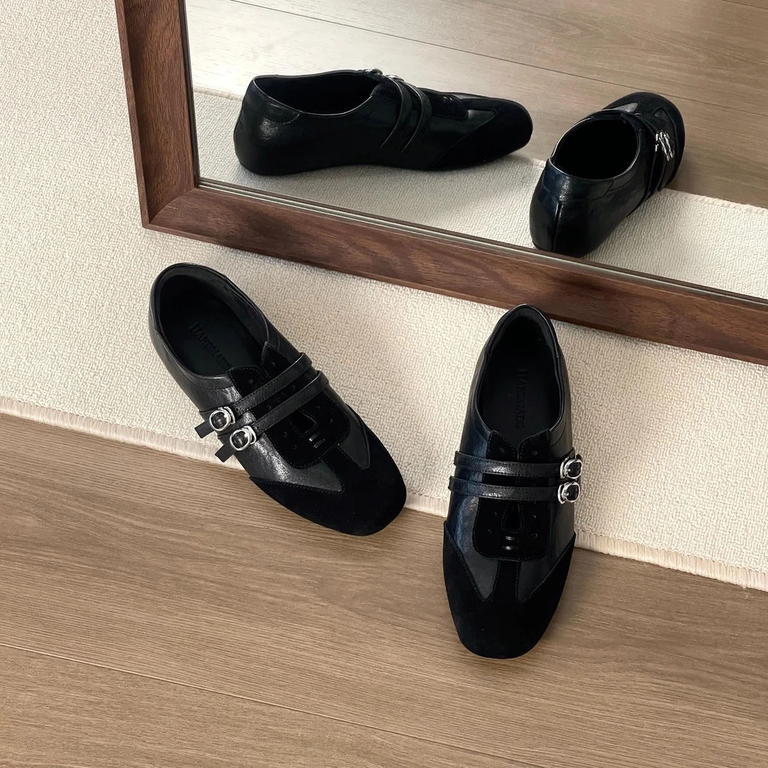 HUSSLOVE 头层牛皮+牛反·跟高2CM·休闲百搭拼接复古经典德训鞋女