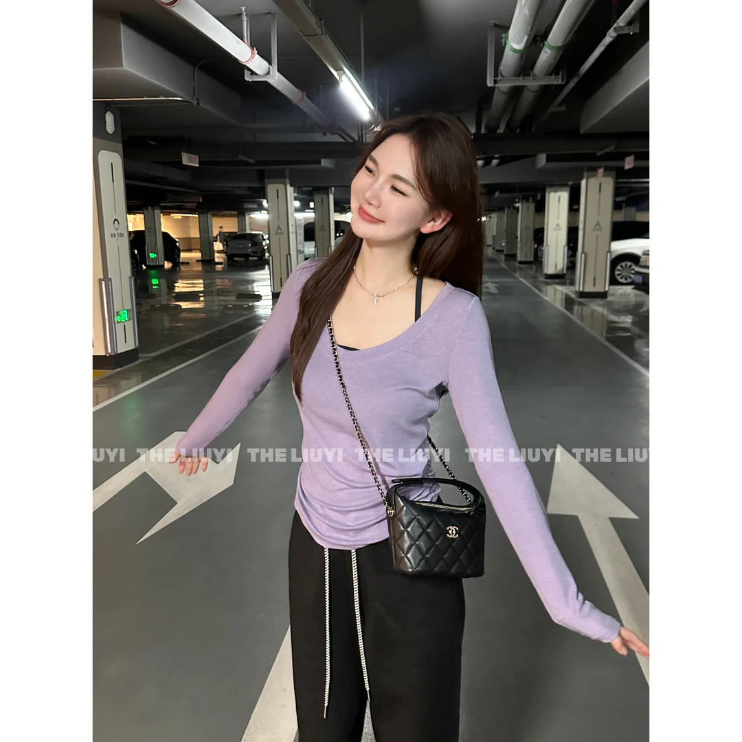 【LIUYI】美女日常~温柔简约天丝羊毛长袖T恤+挂脖美背两件套58211