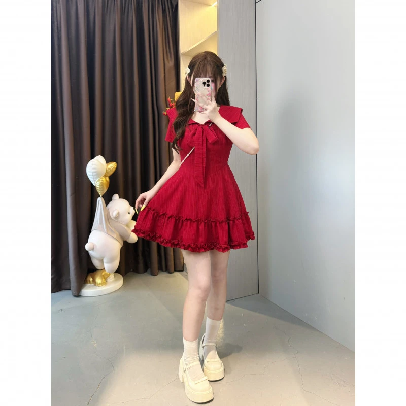【轻颜少女】9858胖mm法式复古红色连衣裙女夏季2025收腰显瘦蛋糕裙