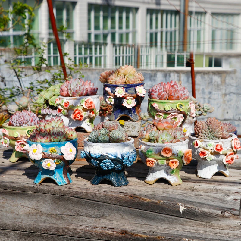 火锅手工捏花陶瓷多肉花盆粗颗粒麦饭石大口径老桩盆