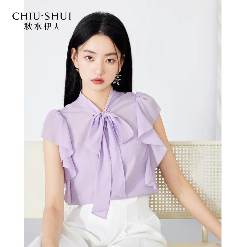 【小余】秋水伊人甜美减龄飘带领雪纺衫纯色上衣623205A050443