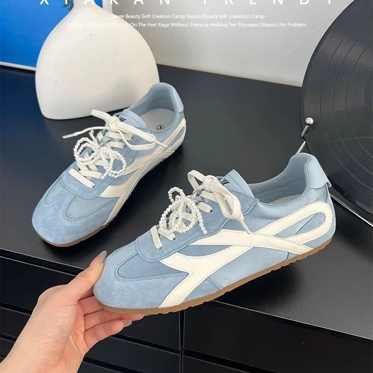 复古拼色软底德训鞋女2025春夏新款百搭系带增高运动休闲鞋阿甘鞋