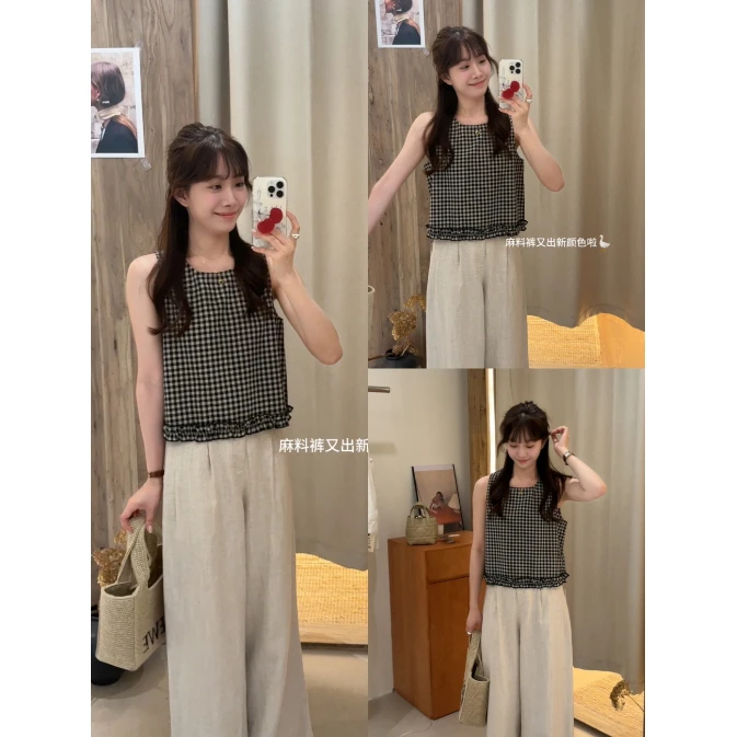 20958#『15%麻』韩系简约高级感格子花边无袖上衣