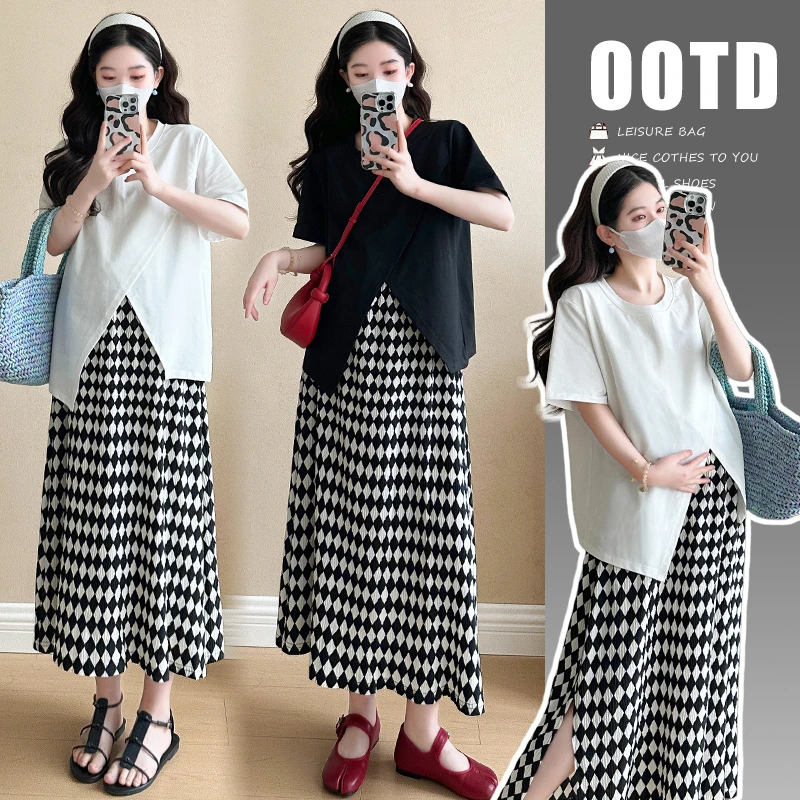 Y3640#4.2夏季新款韩版宽松T恤+格子半身裙抽绳孕妇套装两件套