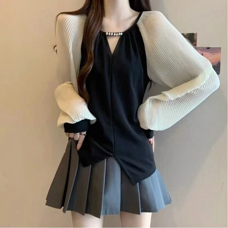 3442-早秋大码钉珠高温压褶时尚撞色衫