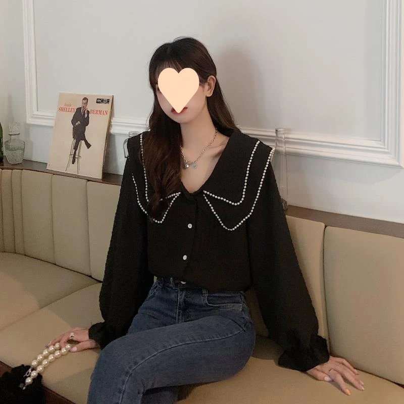 时尚胖200斤大码微胖女生显瘦穿搭娃娃领长袖衬衫上衣遮肚子小衫