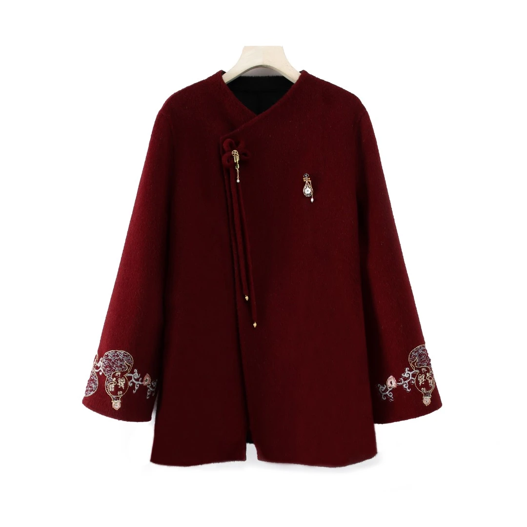 冬季长款常规女长袖刺绣毛呢外套中长款时尚885136