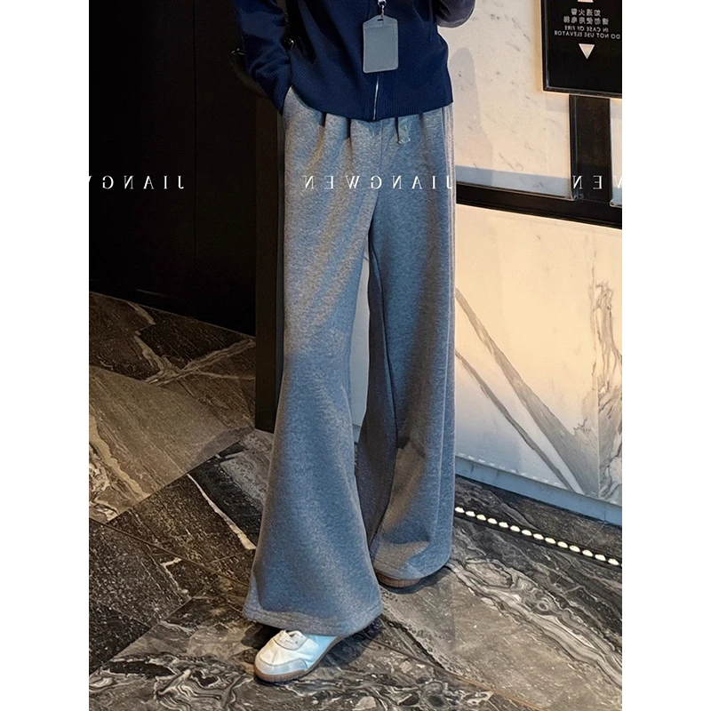 耶古休闲风灰色加绒卫裤女秋冬季新款高腰抽绳垂感显瘦针织阔腿裤