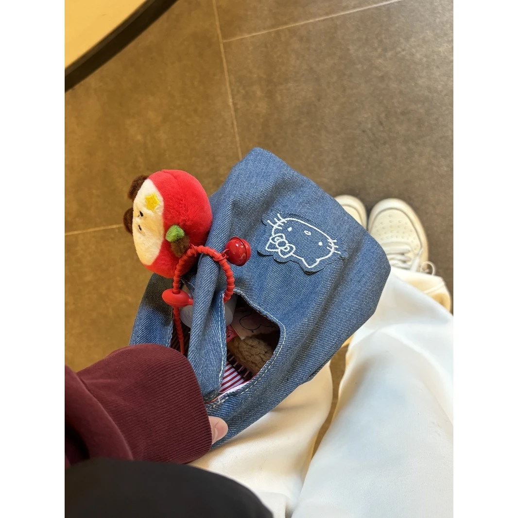 可爱新款时尚牛仔kitty刺绣拎包韩版百搭外出撞色手提小包包L