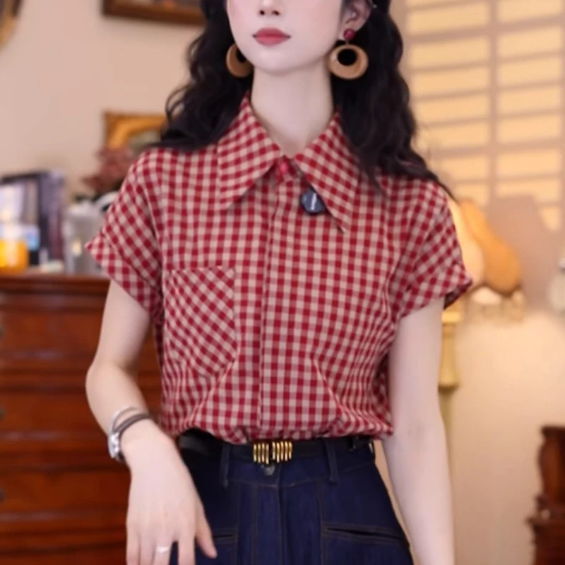 格子时尚红色衬衫女2025夏季百搭显瘦减龄洋气设计感短袖休闲上衣