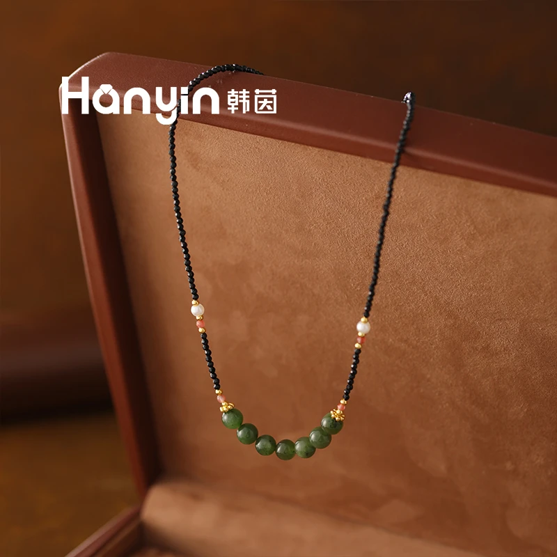 生长纹6mm和田玉搭配南红黑尖晶石项链小众设计感