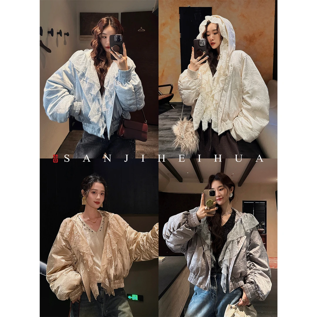 三吉黑花【瓦亭仙】新中式短款雕印羽绒服女款冬季外套2025巨好看