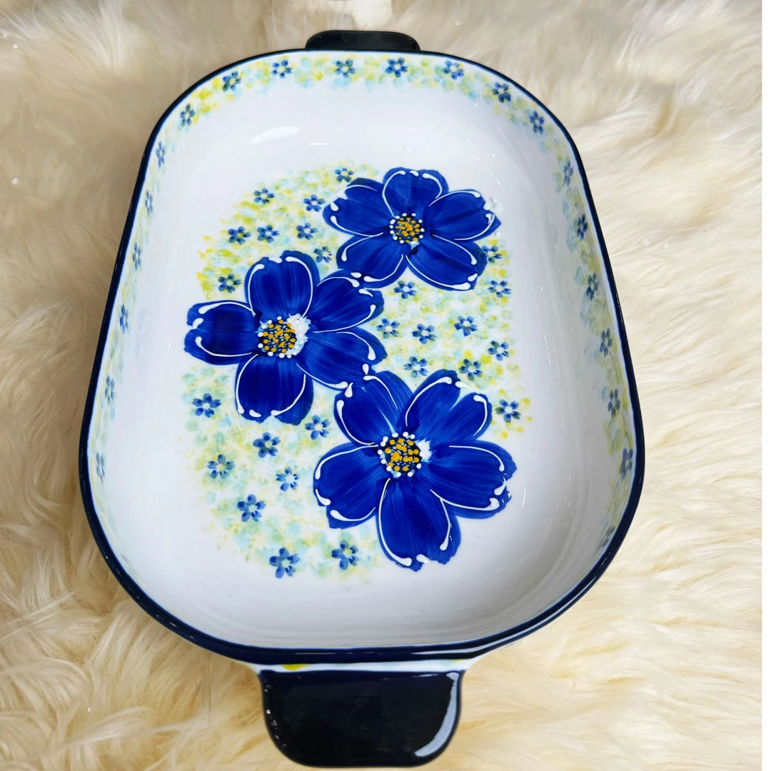 阿勒玛 新疆包邮【琉璃蓝】 双耳陶瓷盘家用鱼盘水果盘烘焙盘欧式