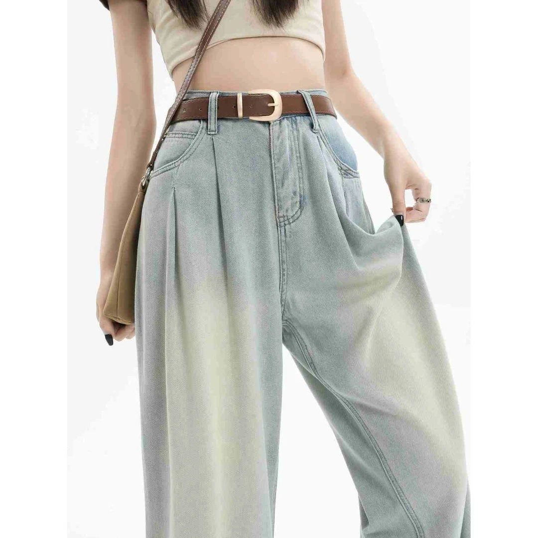 蓝色休闲慵懒风褶皱阔腿牛仔裤2024秋季新款显瘦百搭直筒拖地裤