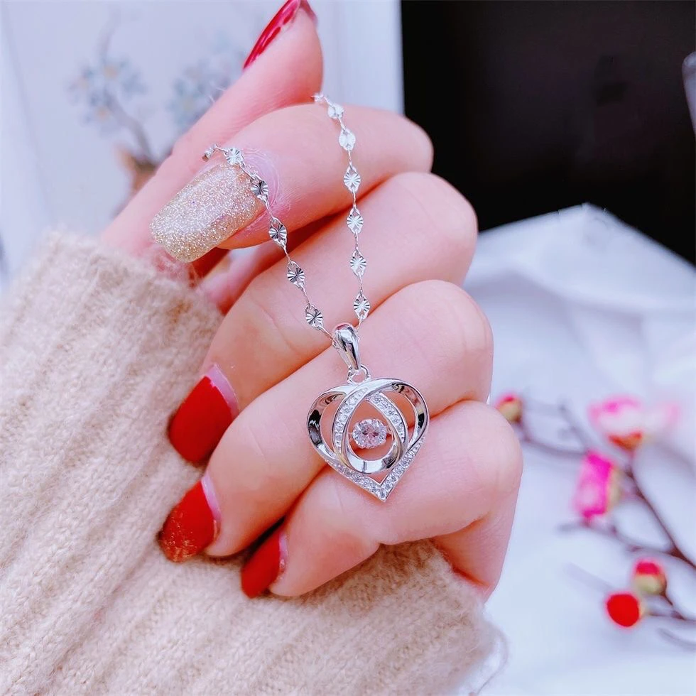 坠链均足银合成锆石 足银心心相印灵动爱心项链