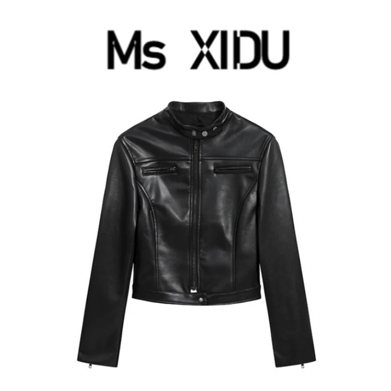 轻奢超火的美式复古经典黑色酷女孩袖口拉链立领修身机车皮衣外套