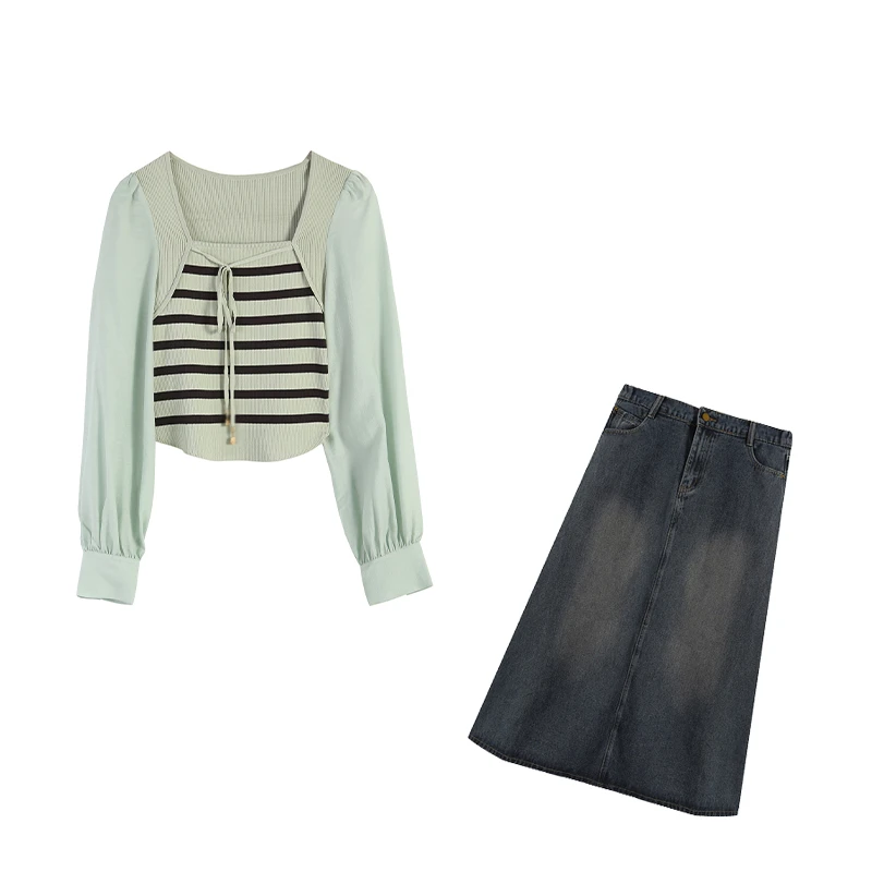大码胖妹妹春季新款小清新假两件针织气质条纹上衣长款牛仔裙套装