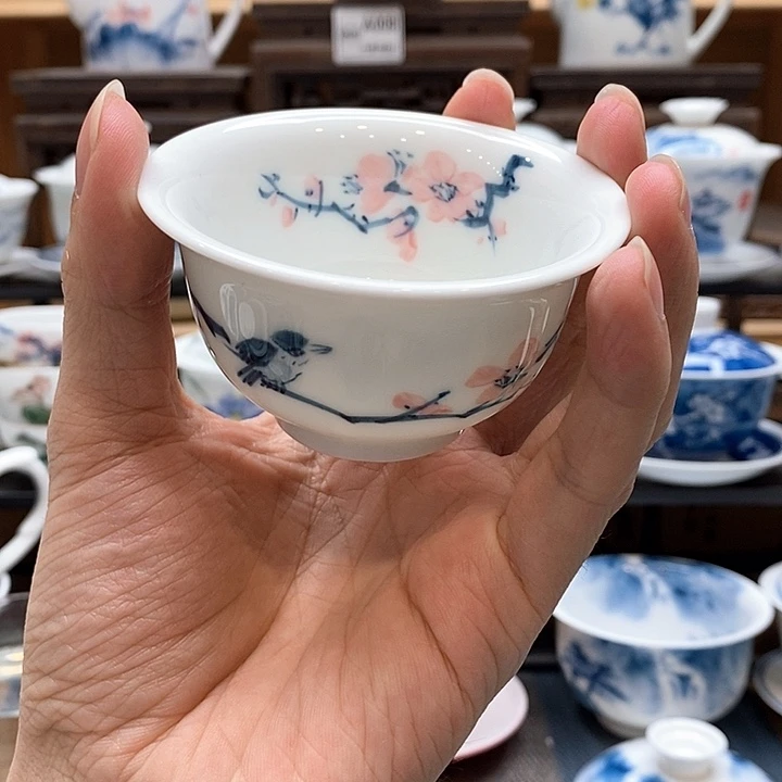 手绘喜上眉梢压手杯85cc釉下彩微瑕福利款