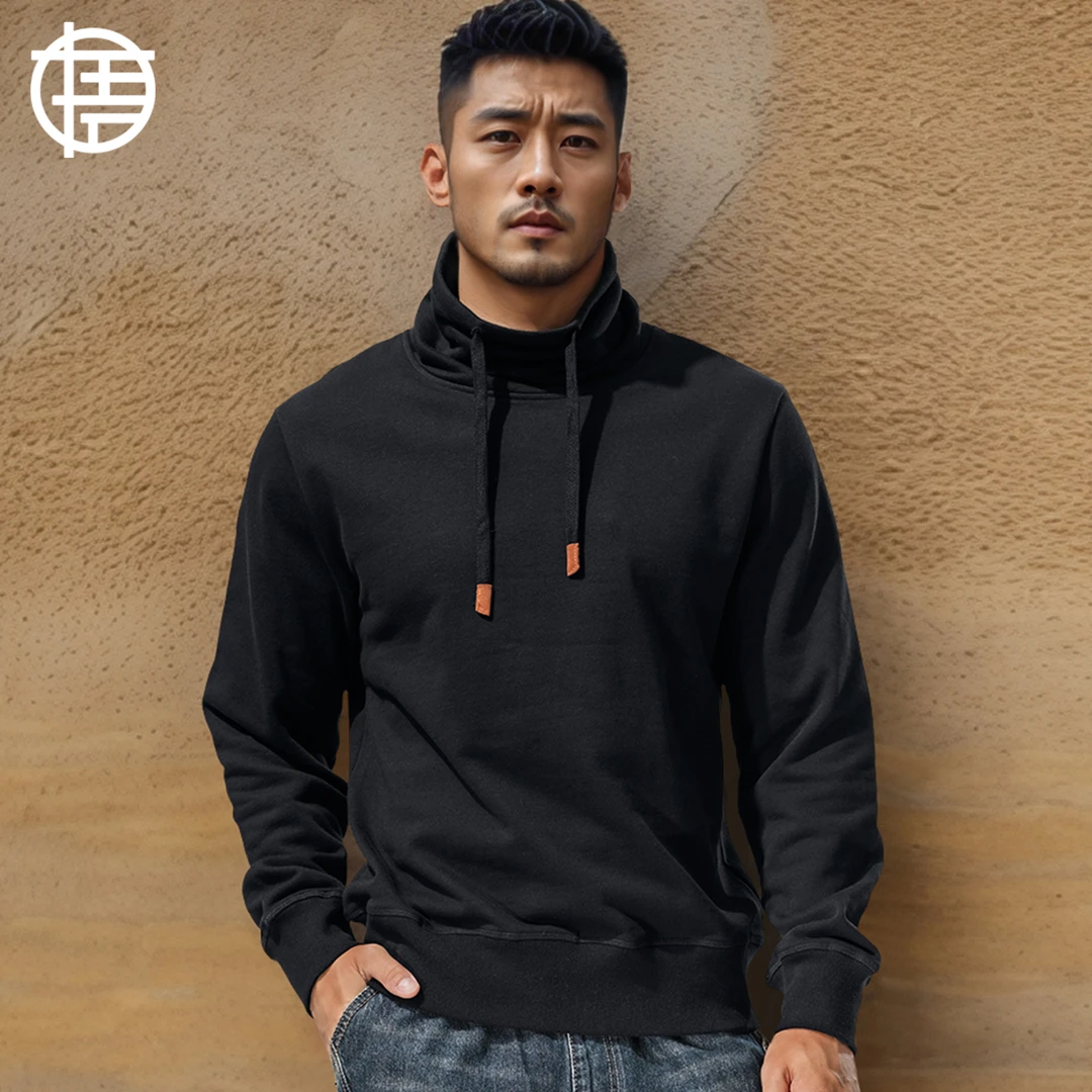 堆领高领套头长袖纯色卫衣纯棉t恤男宽松重磅加厚保暖上衣秋冬季