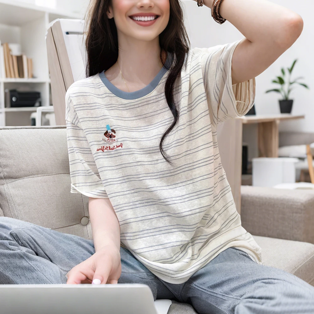 雪花棉圆领条纹卡通刺绣短袖t恤女夏季薄款宽松显瘦小个子上衣潮