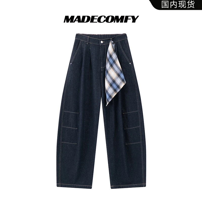 美式方巾设计弯刀牛仔裤男潮牌痞帅撞色设计休闲裤高街松弛感长裤