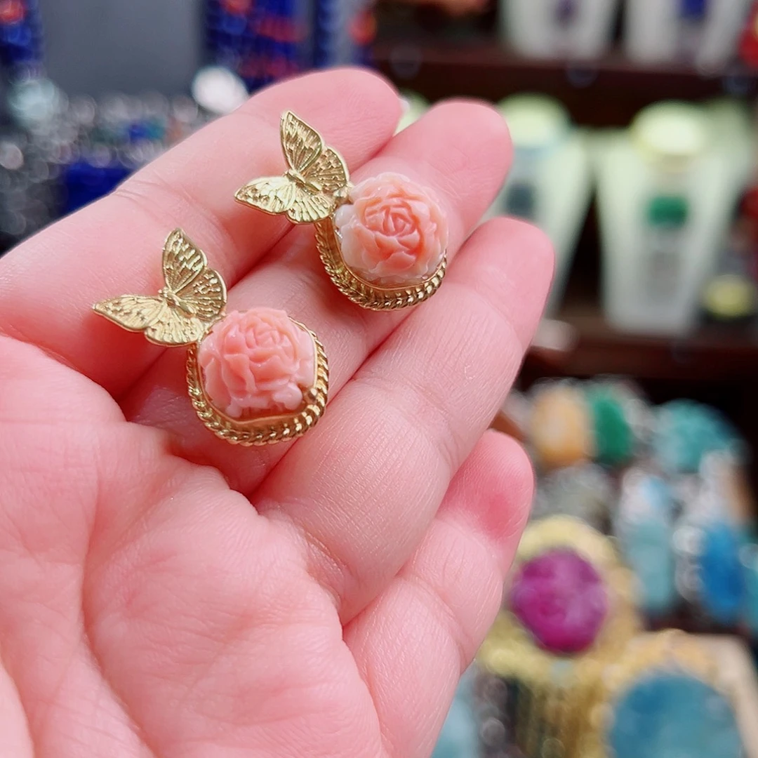 贝壳耳钉银S925镶嵌国风