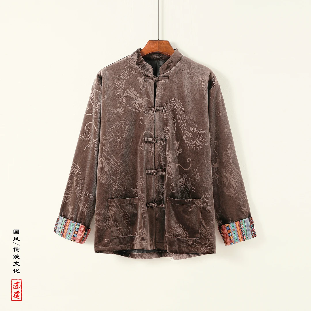 中国风龙纹提花太极服外套男秋季新中式藏式印花金丝绒立领中山装
