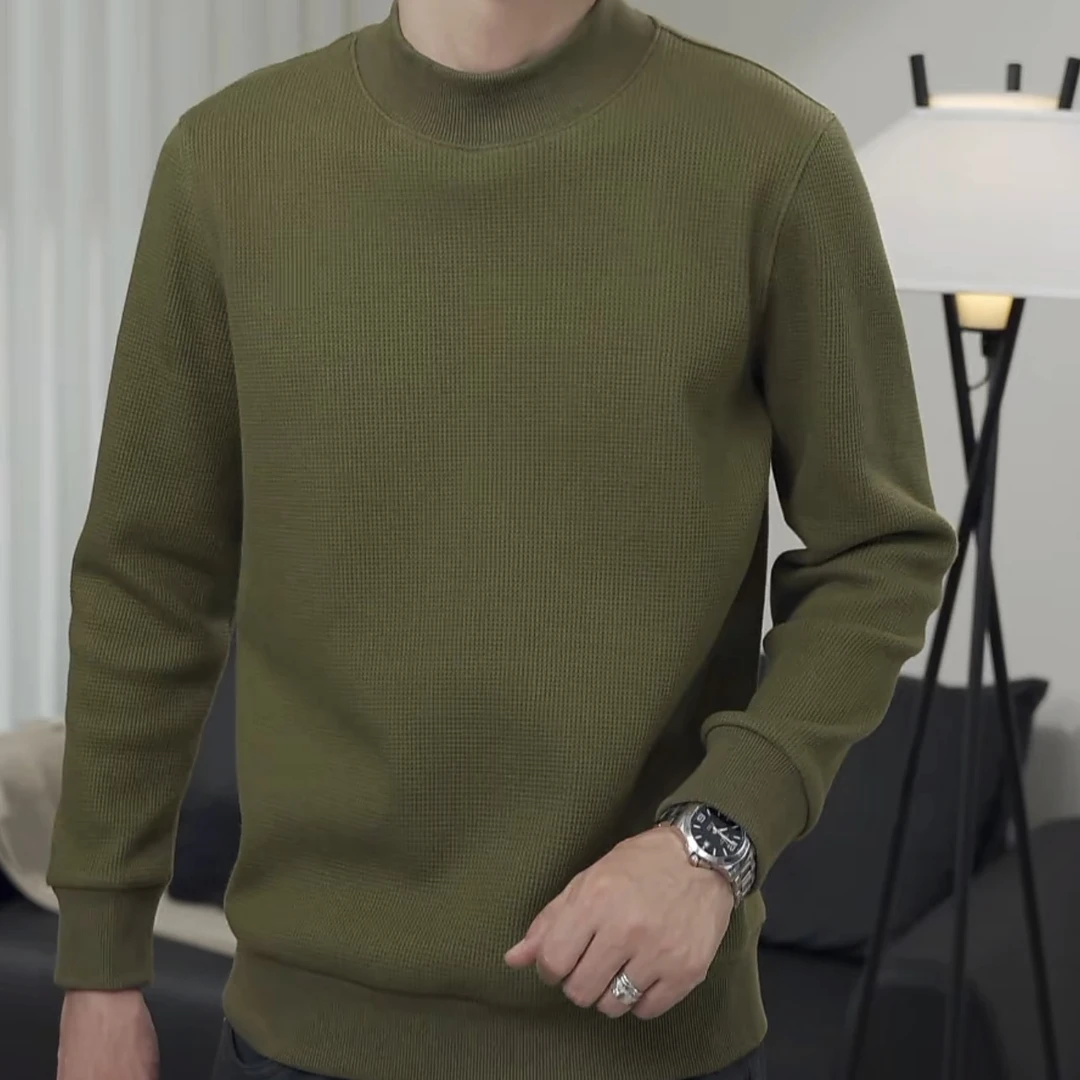 琥珀流光华夫格纯棉纯色半高领针织衫 加绒蓄热锁温 吸湿排汗显瘦