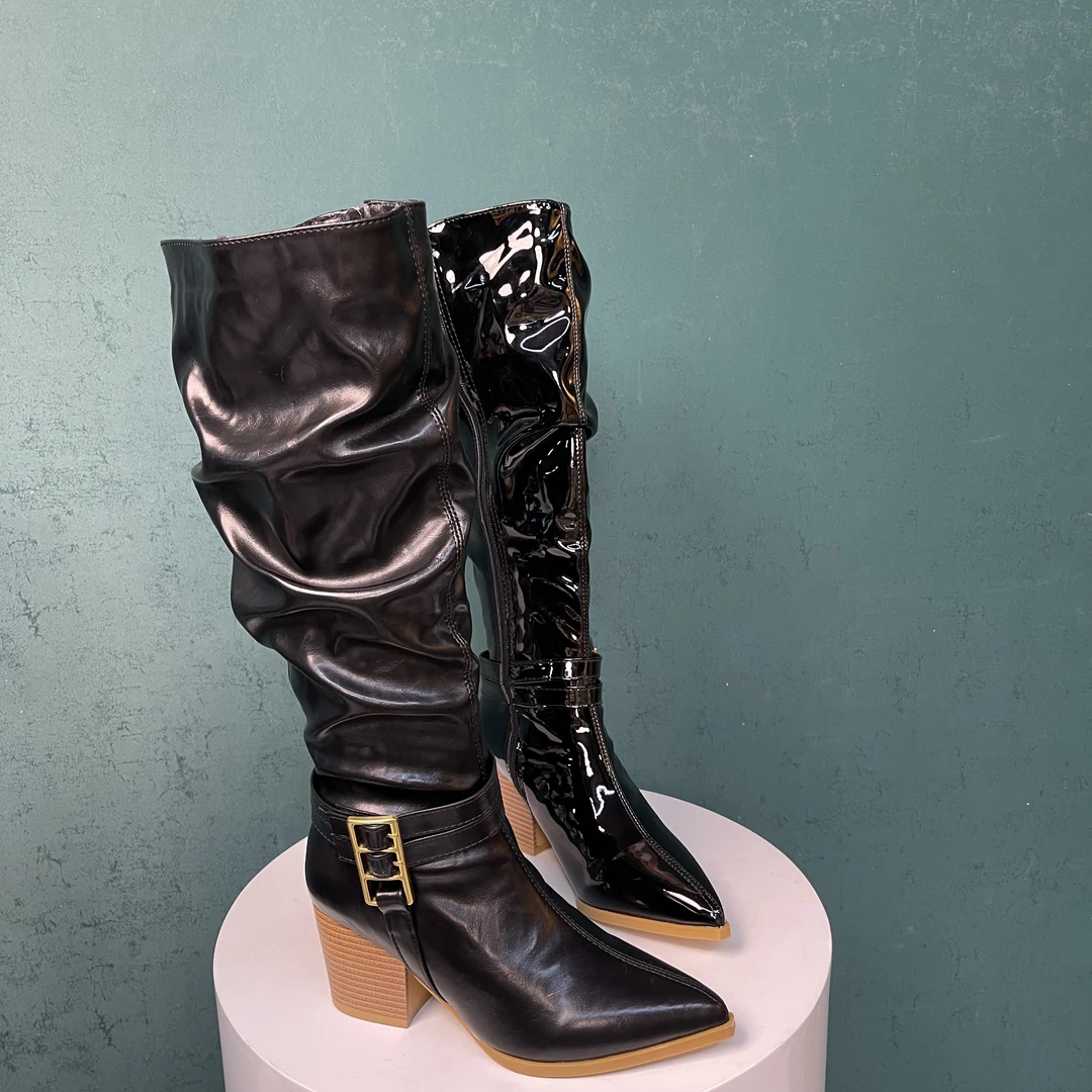 2903-20新款网红版时尚女长靴黑色粗跟高跟尖头秋冬长筒百搭爆款