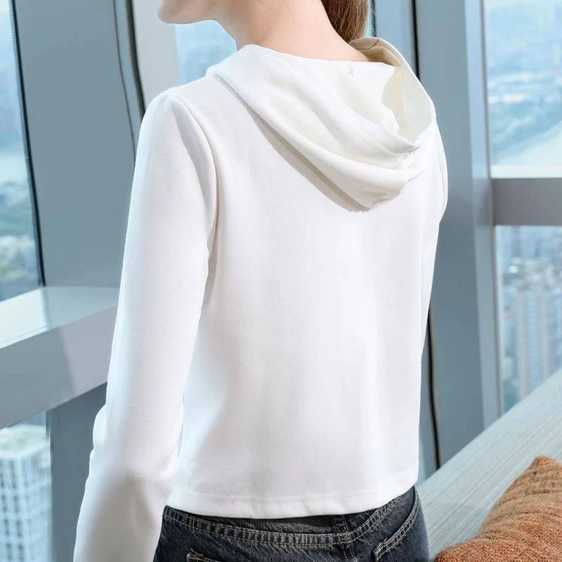 连帽卫衣女士春秋2025新款高级感修身小个子短款长袖白色薄款上衣