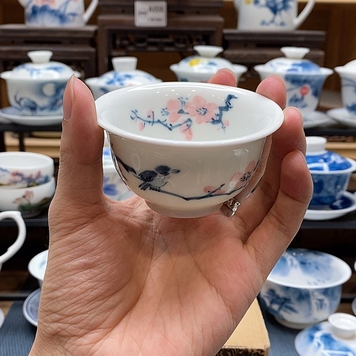 手绘喜上眉梢压手杯85cc 釉下彩微瑕福利款