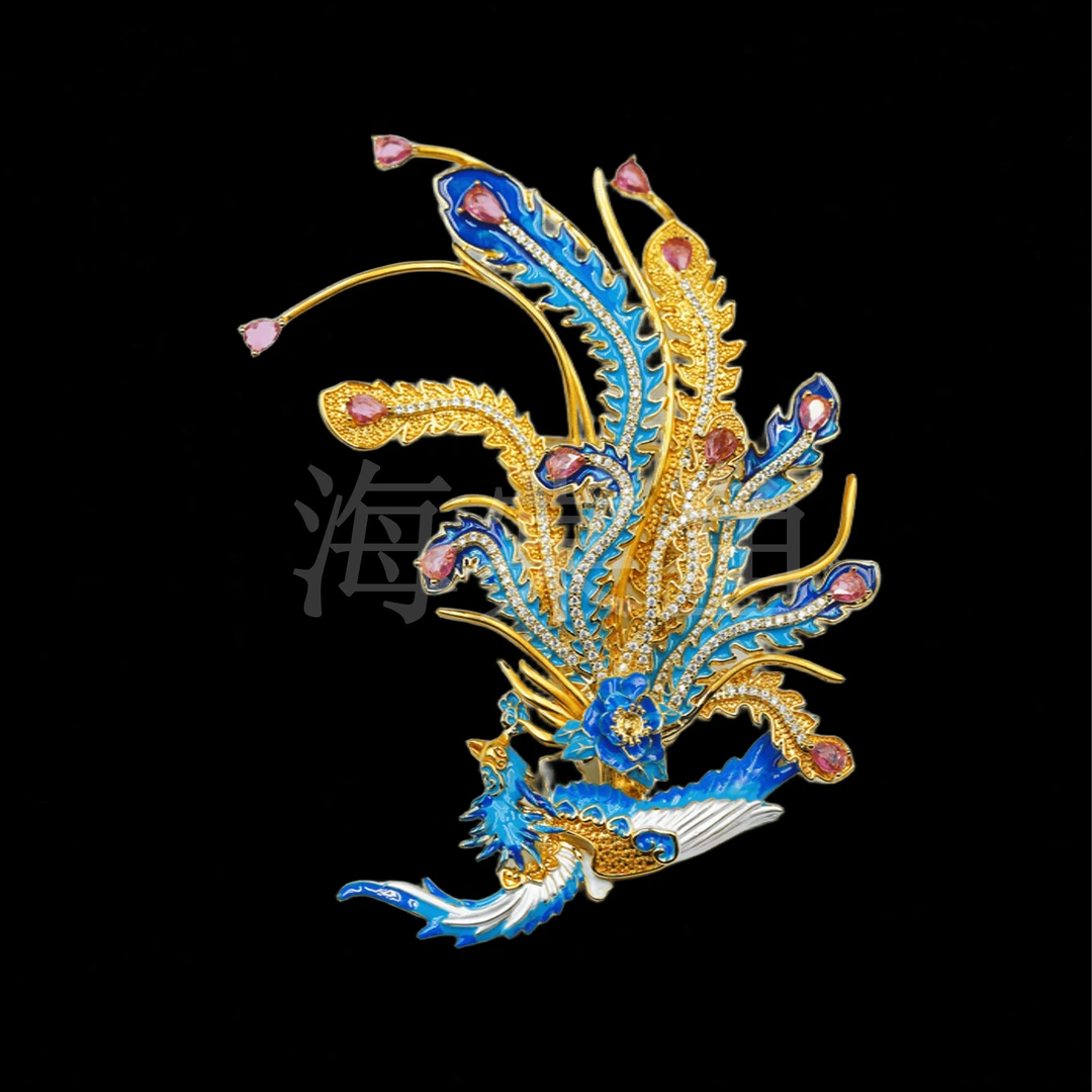 铜合金合成锆石胸针 古典气质国风精致蓝彩凤胸针6434
