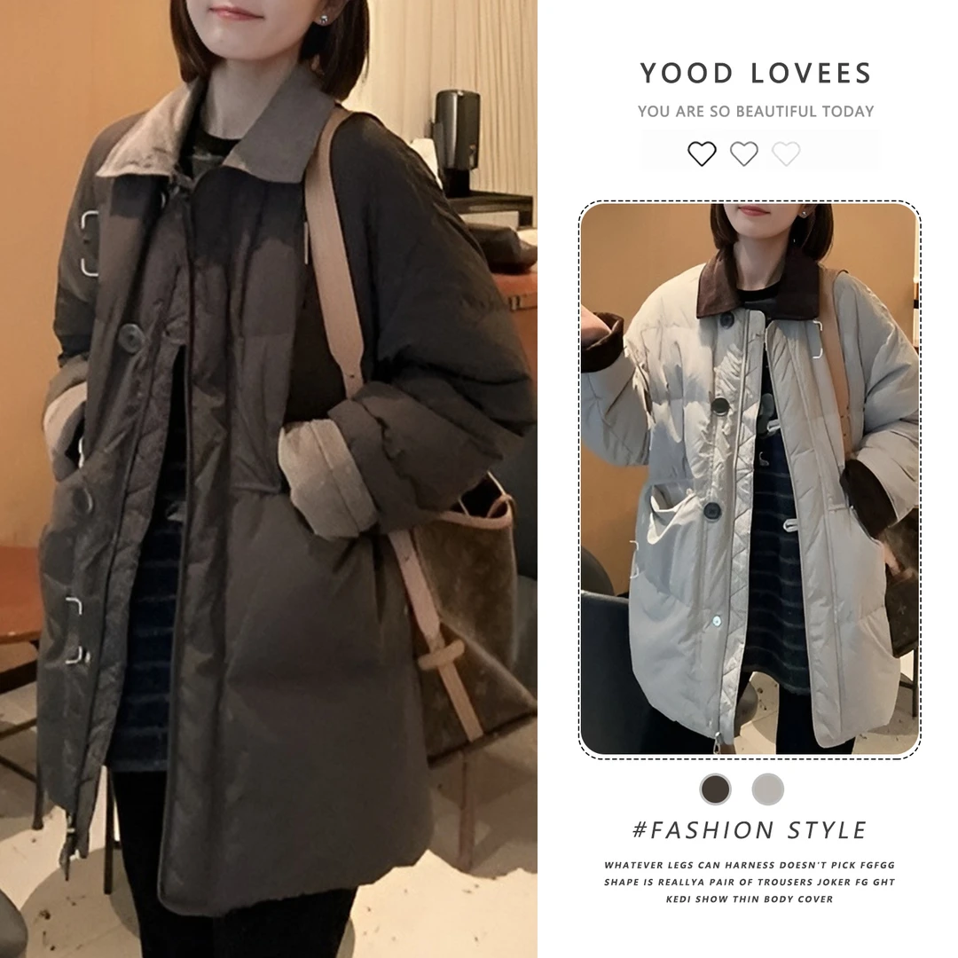 欧货撞色拼接翻领中长款棉服女2025冬季新款宽松保暖显瘦洋气外套