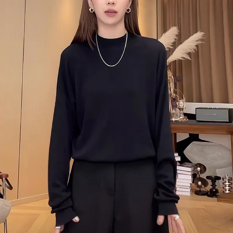 2025秋季新款女黑色长袖T恤洋气减龄显瘦半高领打底针织上衣