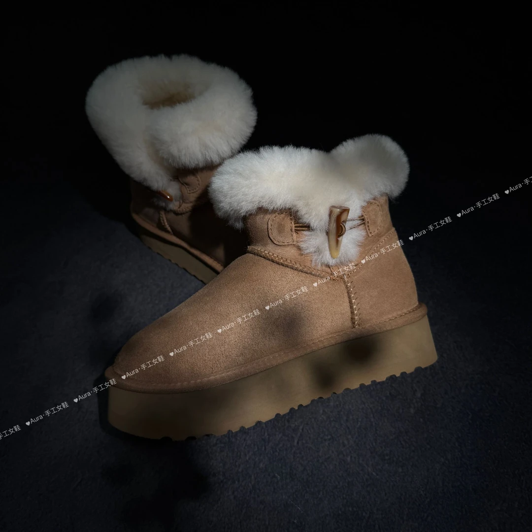 【4.5cm牛角扣】真羊皮毛一体单粒牛角扣中筒雪地靴2025
