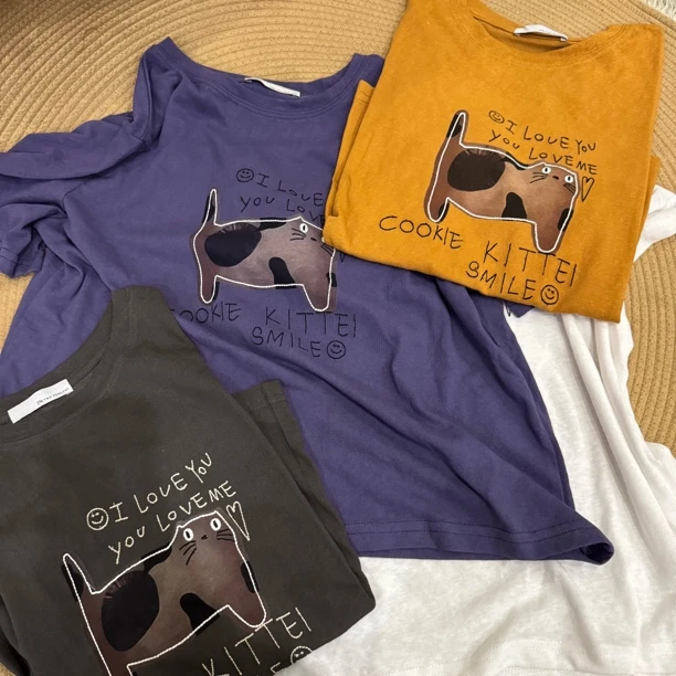 落肩袖圆领T恤短袖百搭中长款卡通潮流时尚韩版字母