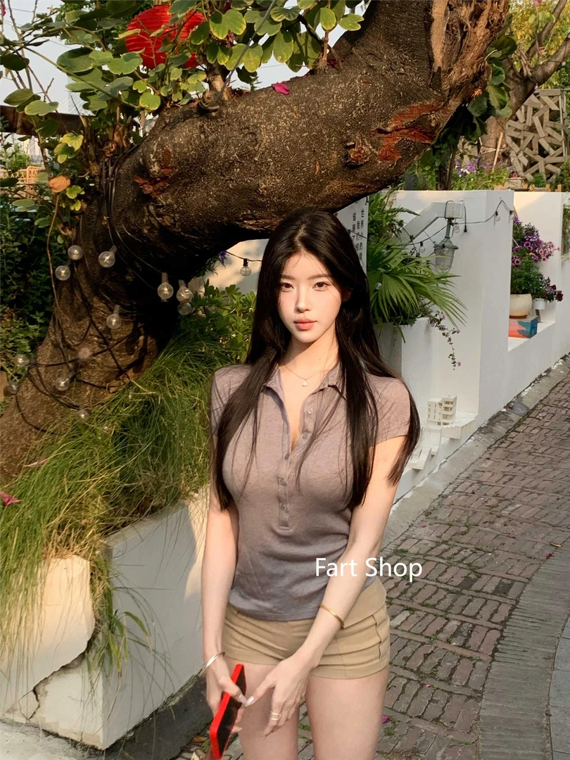 【Fart Shop】~天丝polo衫实用主义~春夏直角肩收腰短袖T恤上衣女