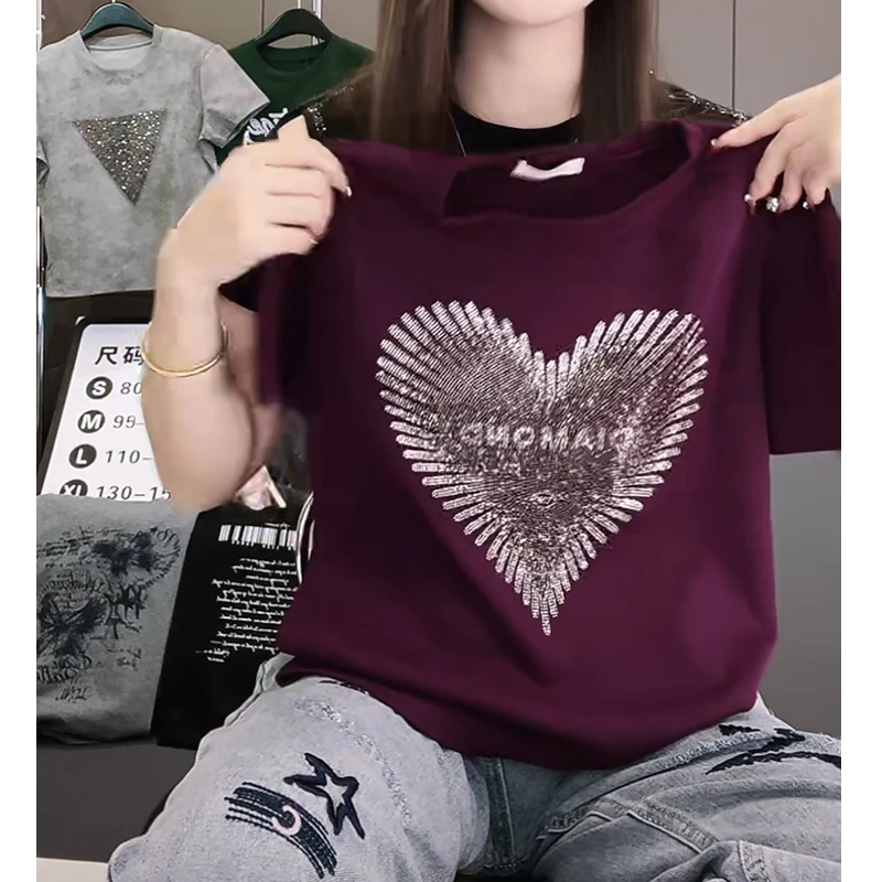 2025早春新款爱心烫钻洋气圆领短袖T恤女半袖百搭显瘦体恤宽松