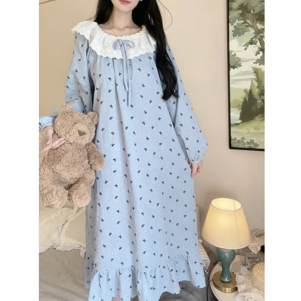 甜美公主风圆领长袖长款宽松纯棉睡衣女春秋季睡裙蕾丝花边家居服