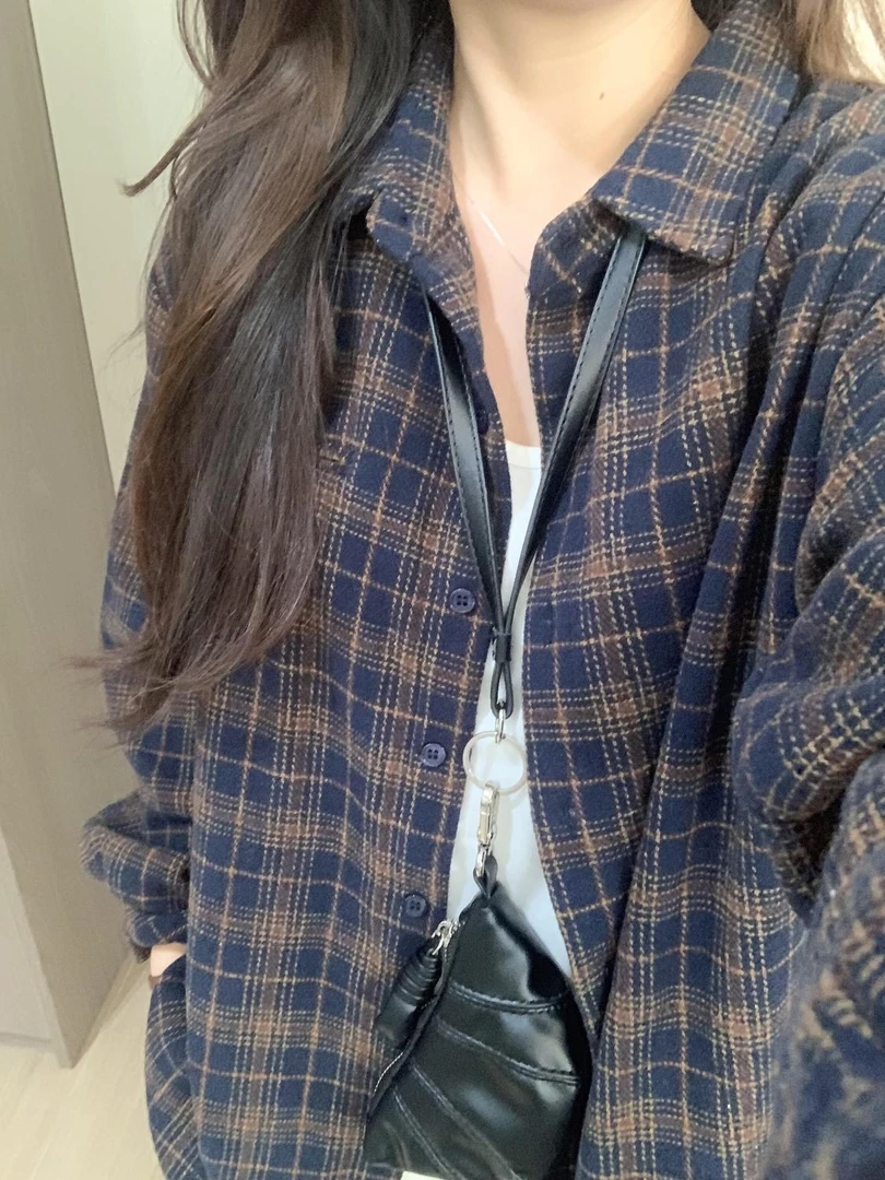 高级感磨毛棉格子衬衫女春秋冬外套韩系格纹长袖衬衣上衣内搭外穿