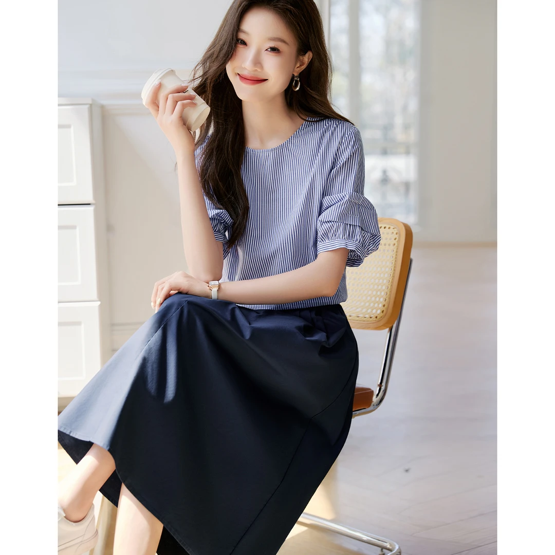 沫晗依美【海岸线】条纹衬衫伞裙套装后背系带裙摆半裙两件套8356