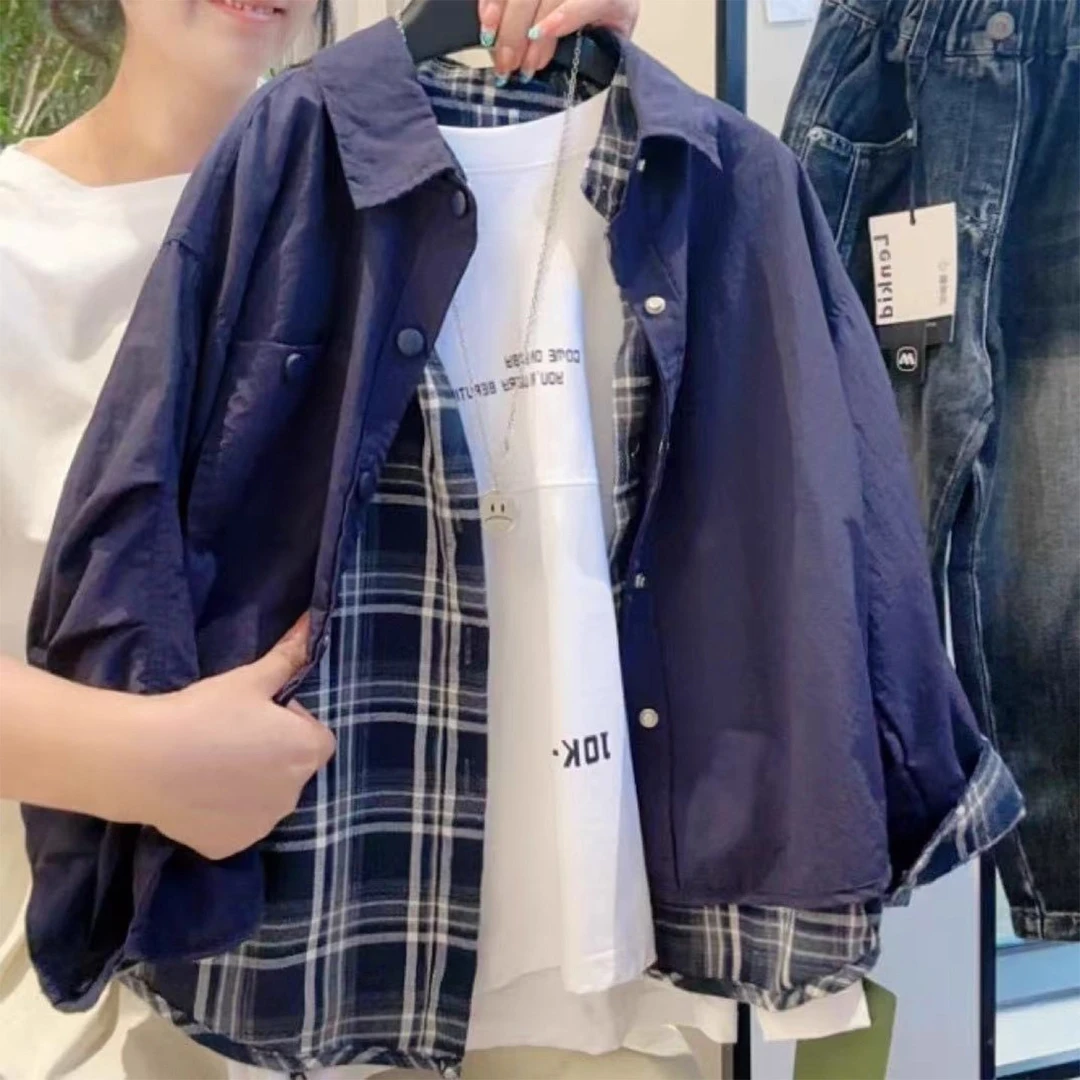 25款格子上衣宽松单排扣两面穿韩版男童春秋季休闲夹克长袖外套潮